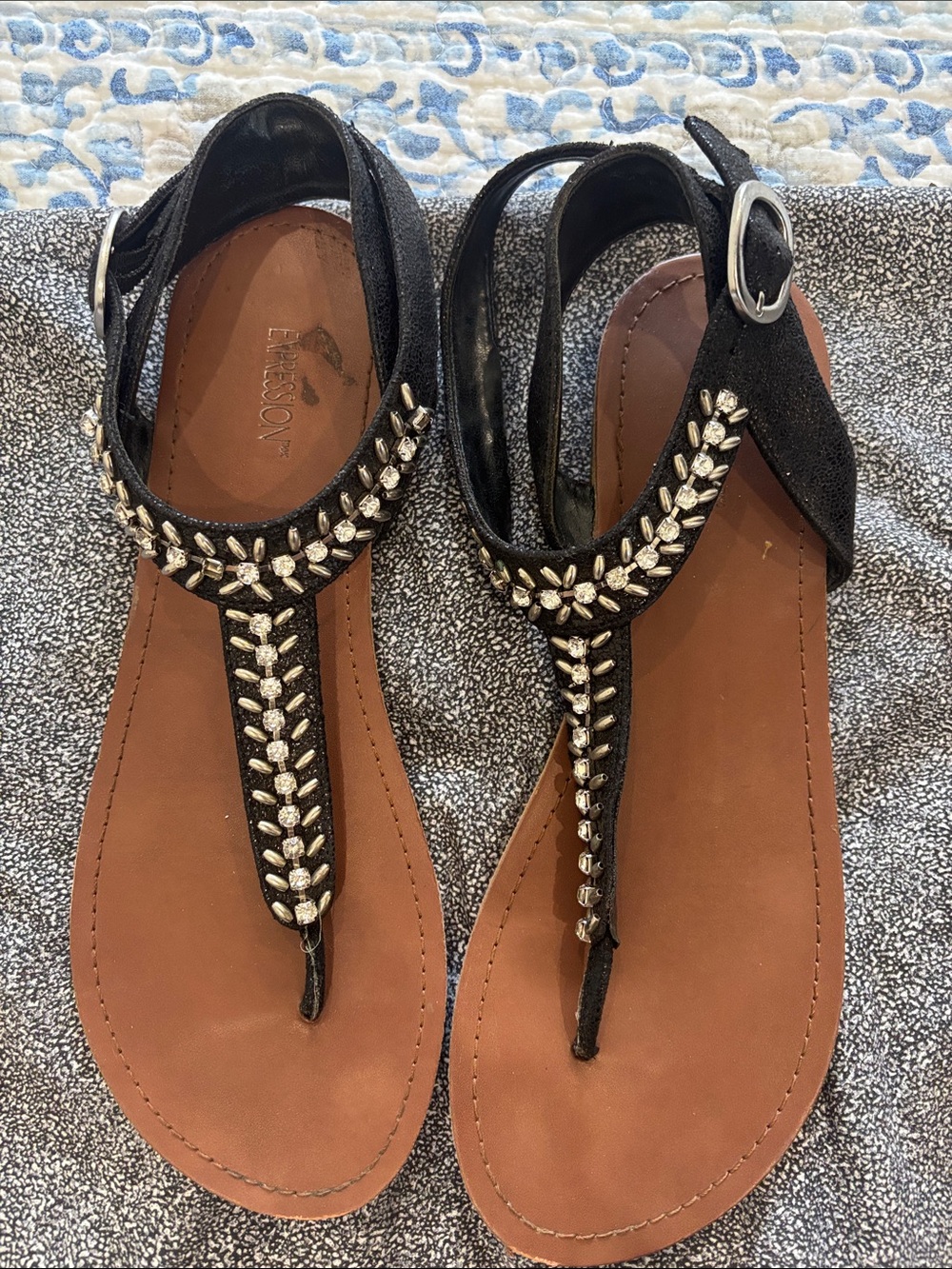 Embellished Black T-Strap Women's Sandals